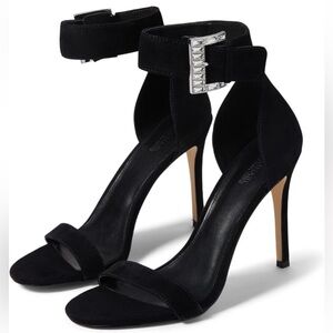 MICHAEL Michael Kors Black Suede Ankle Strap Stiletto Heels with Silver Buckle